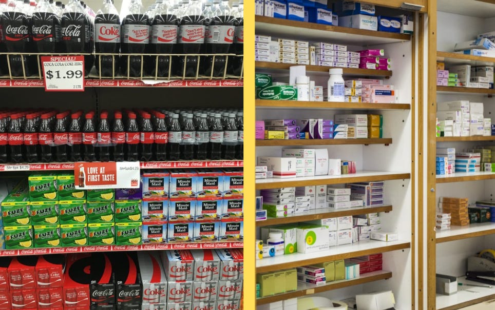 Grocery store shelves are not terribly dissimilar from pharmacy shelves. Different products from different manufacturers with different pack sizes.